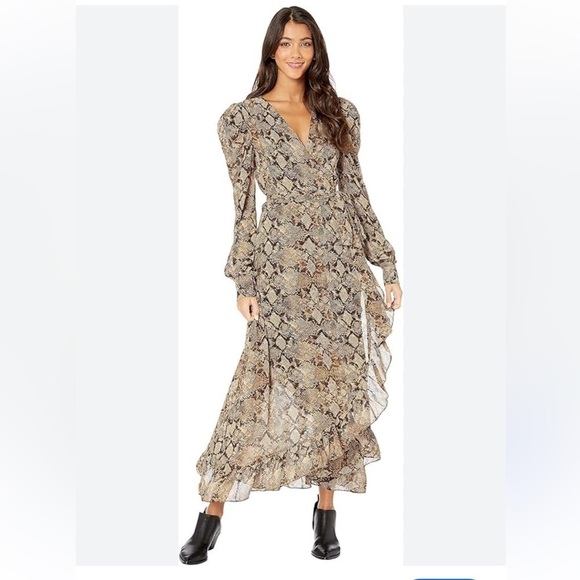 WAYF Freeport Long Sleeve Snake Print Wrap Dress - Picture 1 of 14